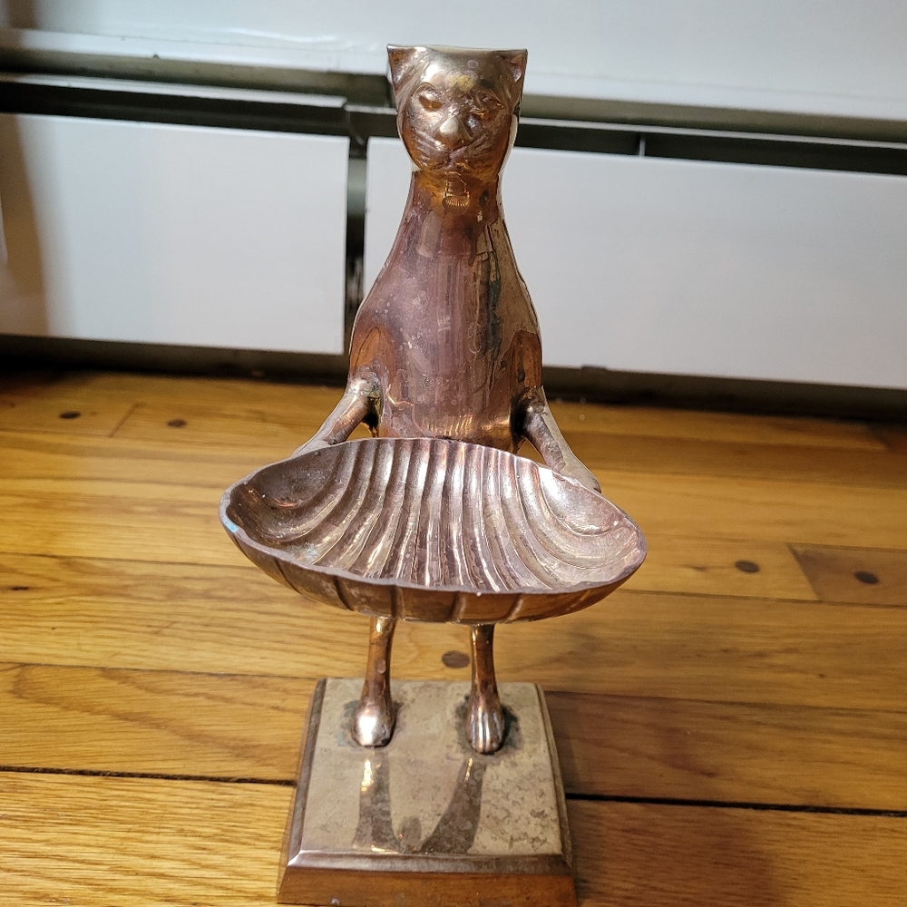 vintage brass copper? butler cat statue, business card holder, soap holder